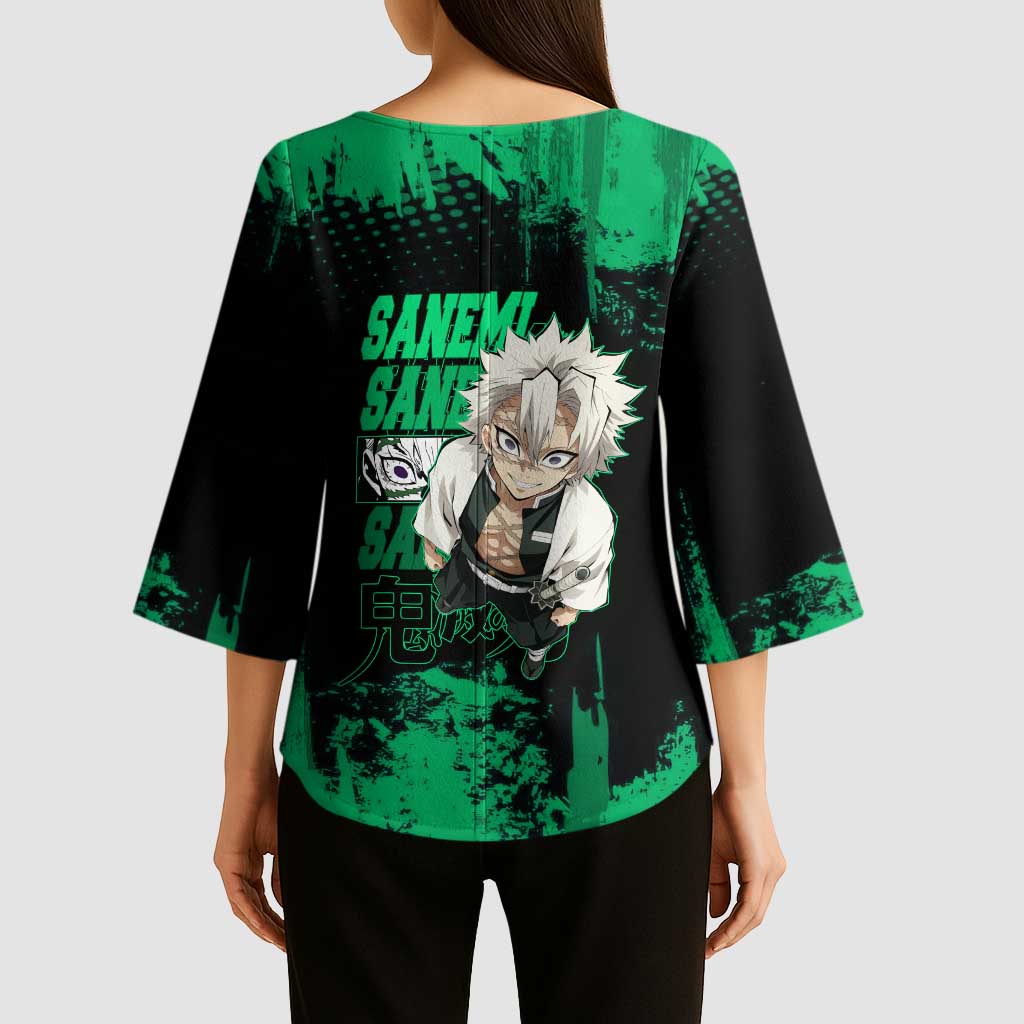 Sanemi Shinazugawa Demon Slayer Green and Black Grunge Kimono Sleeve Blouse Design with Intense Eyes and Wind Hashira Theme - The Mazicc
