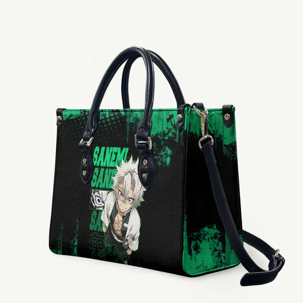 Sanemi Shinazugawa Demon Slayer Green and Black Grunge Leather Bag Design with Intense Eyes and Wind Hashira Theme - The Mazicc