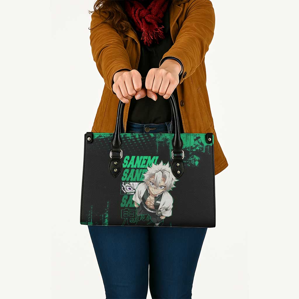 Sanemi Shinazugawa Demon Slayer Green and Black Grunge Leather Bag Design with Intense Eyes and Wind Hashira Theme - The Mazicc