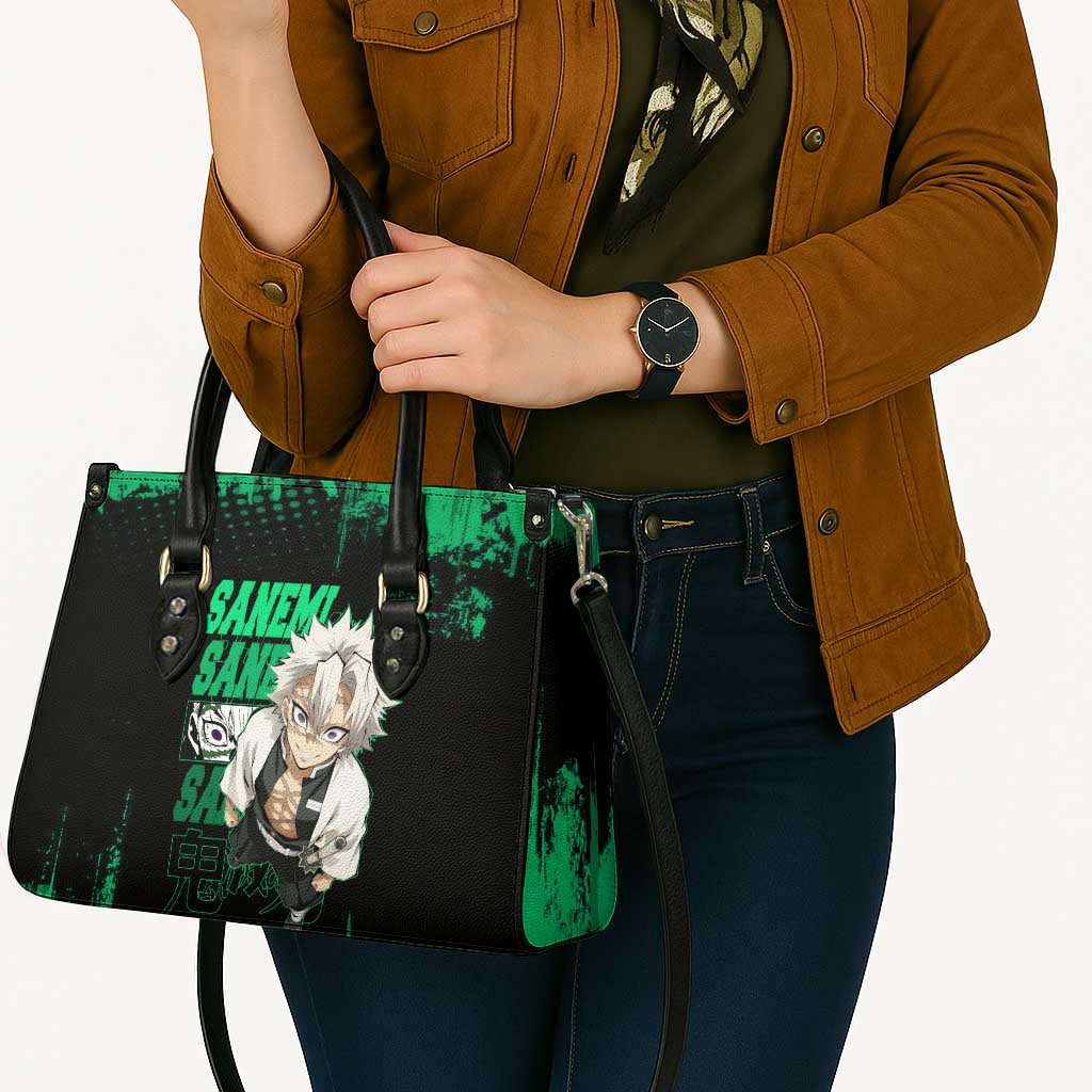 Sanemi Shinazugawa Demon Slayer Green and Black Grunge Leather Bag Design with Intense Eyes and Wind Hashira Theme - The Mazicc