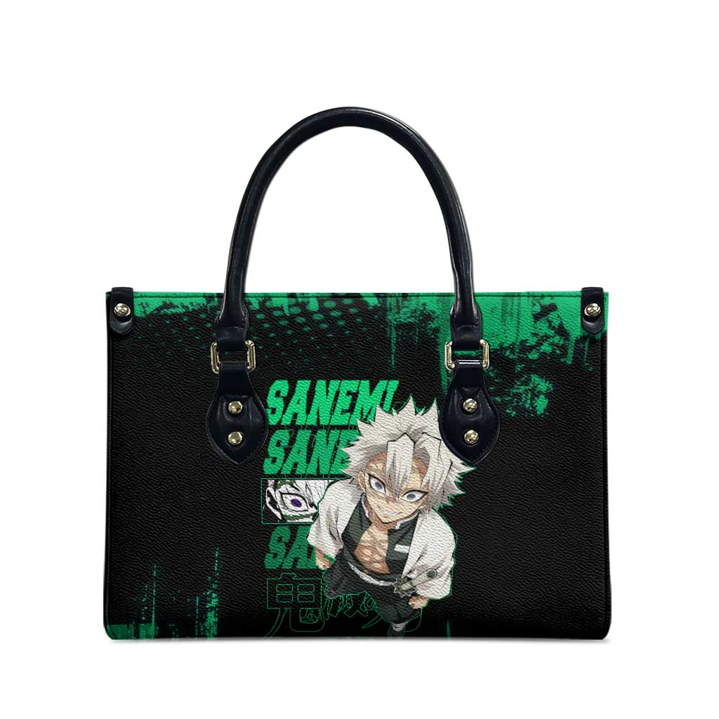 Sanemi Shinazugawa Demon Slayer Green and Black Grunge Leather Bag Design with Intense Eyes and Wind Hashira Theme - The Mazicc