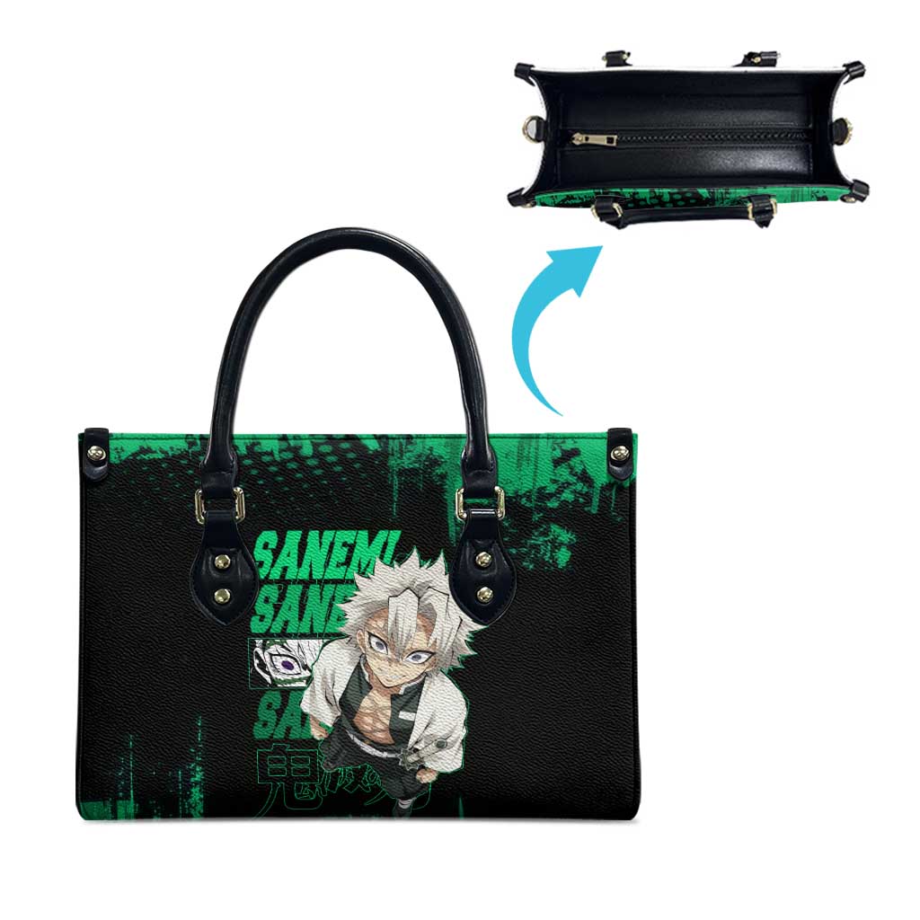 Sanemi Shinazugawa Demon Slayer Green and Black Grunge Leather Bag Design with Intense Eyes and Wind Hashira Theme - The Mazicc