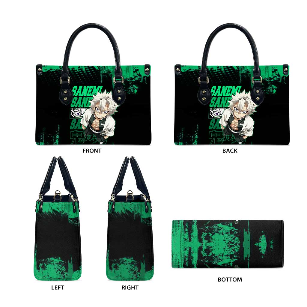 Sanemi Shinazugawa Demon Slayer Green and Black Grunge Leather Bag Design with Intense Eyes and Wind Hashira Theme - The Mazicc