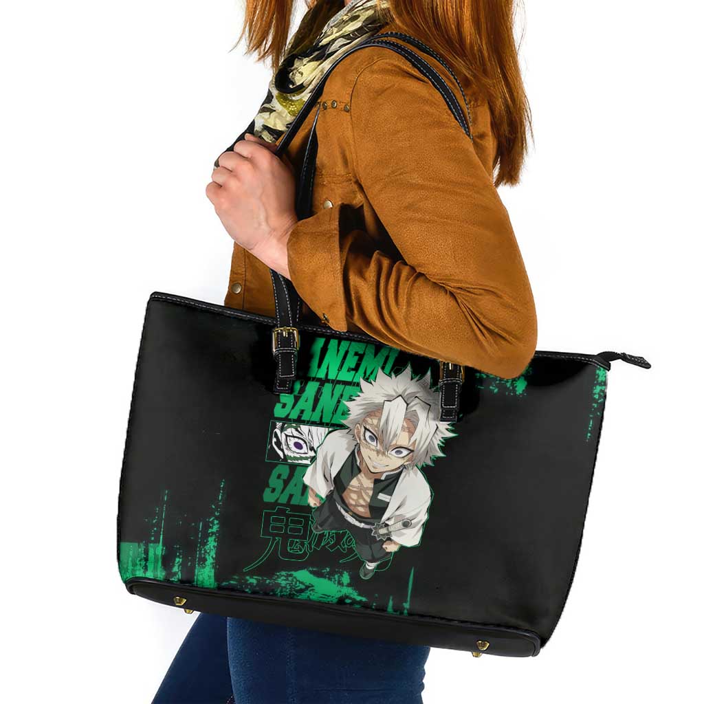 Sanemi Shinazugawa Demon Slayer Green and Black Grunge Leather Tote Bag Design with Intense Eyes and Wind Hashira Theme - The Mazicc
