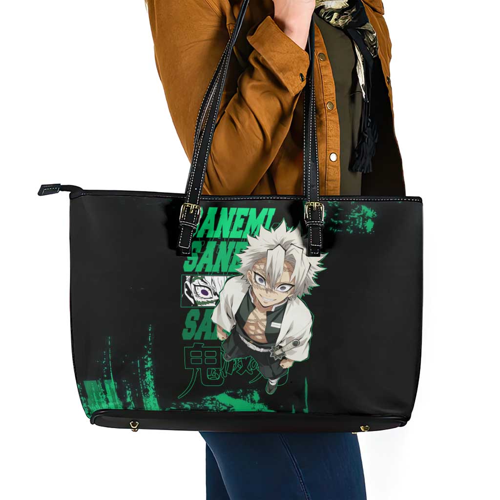 Sanemi Shinazugawa Demon Slayer Green and Black Grunge Leather Tote Bag Design with Intense Eyes and Wind Hashira Theme - The Mazicc
