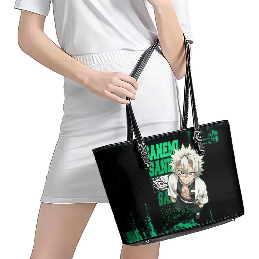 Sanemi Shinazugawa Demon Slayer Green and Black Grunge Leather Tote Bag Design with Intense Eyes and Wind Hashira Theme - The Mazicc
