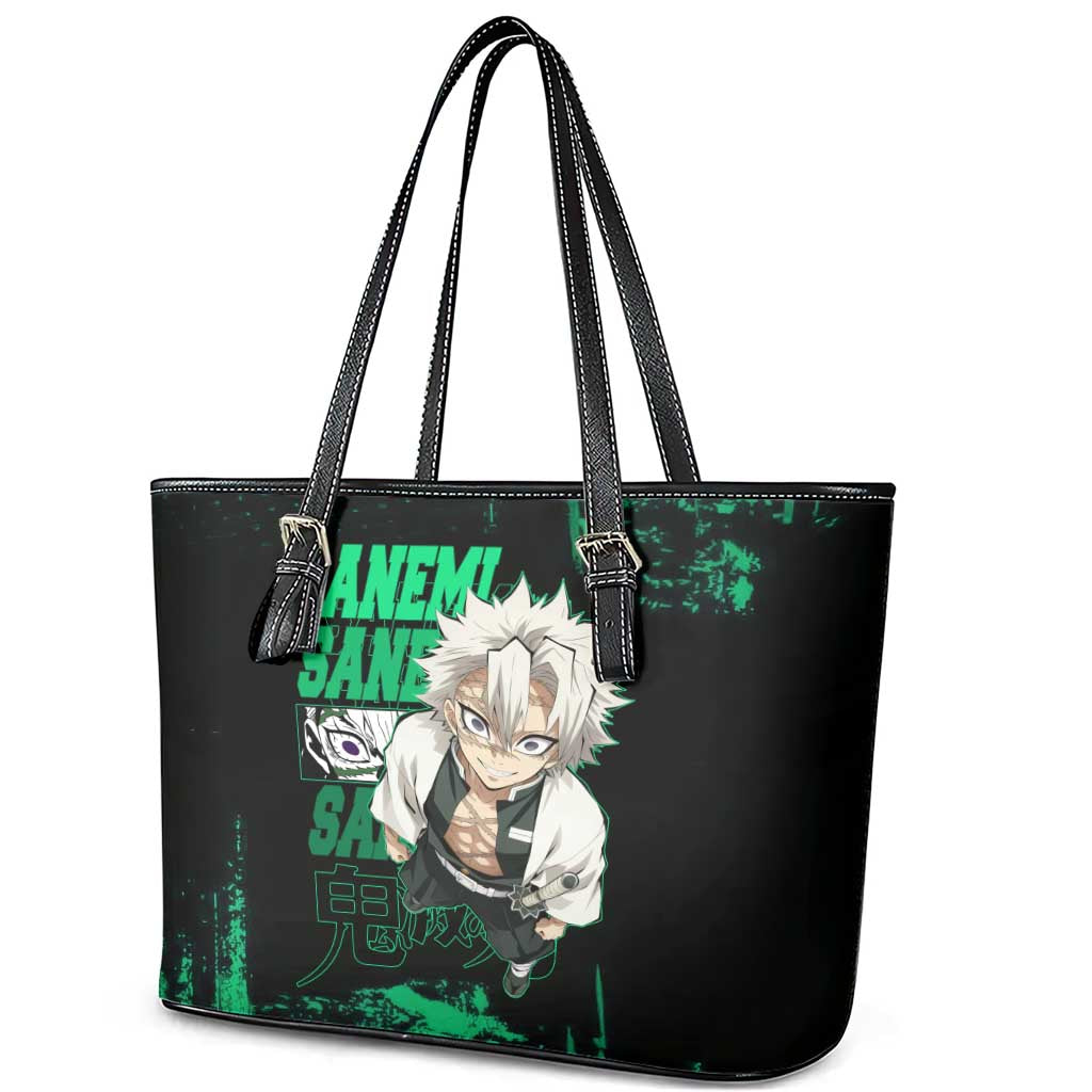 Sanemi Shinazugawa Demon Slayer Green and Black Grunge Leather Tote Bag Design with Intense Eyes and Wind Hashira Theme - The Mazicc