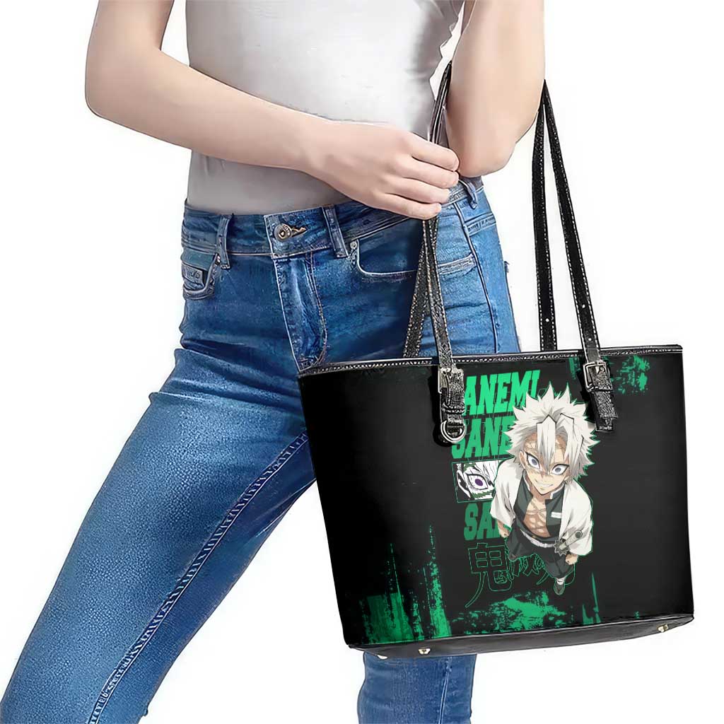 Sanemi Shinazugawa Demon Slayer Green and Black Grunge Leather Tote Bag Design with Intense Eyes and Wind Hashira Theme - The Mazicc