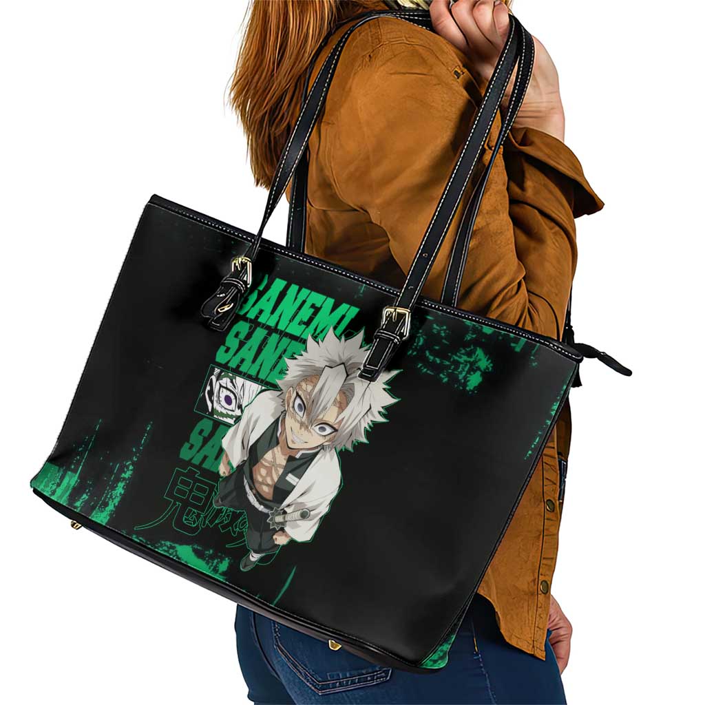 Sanemi Shinazugawa Demon Slayer Green and Black Grunge Leather Tote Bag Design with Intense Eyes and Wind Hashira Theme - The Mazicc