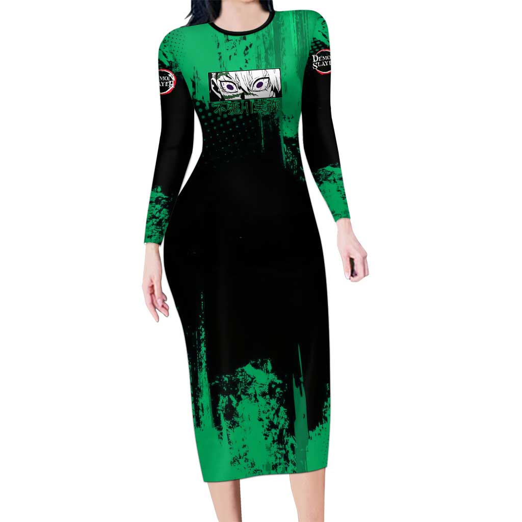 Sanemi Shinazugawa Demon Slayer Green and Black Grunge Long Sleeve Bodycon Dress Design with Intense Eyes and Wind Hashira Theme - The Mazicc