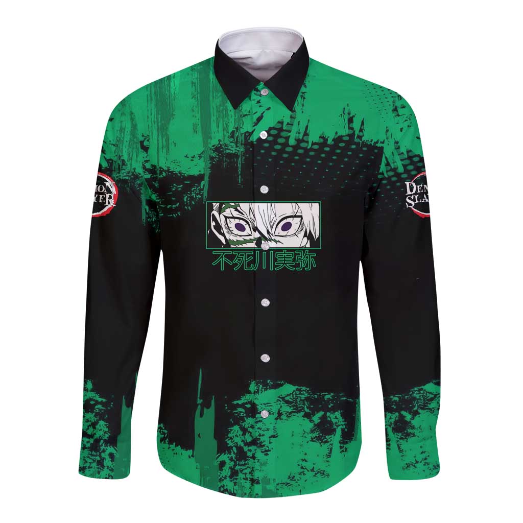 Sanemi Shinazugawa Demon Slayer Green and Black Grunge Long Sleeve Button Shirt Design with Intense Eyes and Wind Hashira Theme - The Mazicc