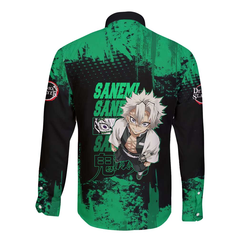 Sanemi Shinazugawa Demon Slayer Green and Black Grunge Long Sleeve Button Shirt Design with Intense Eyes and Wind Hashira Theme - The Mazicc