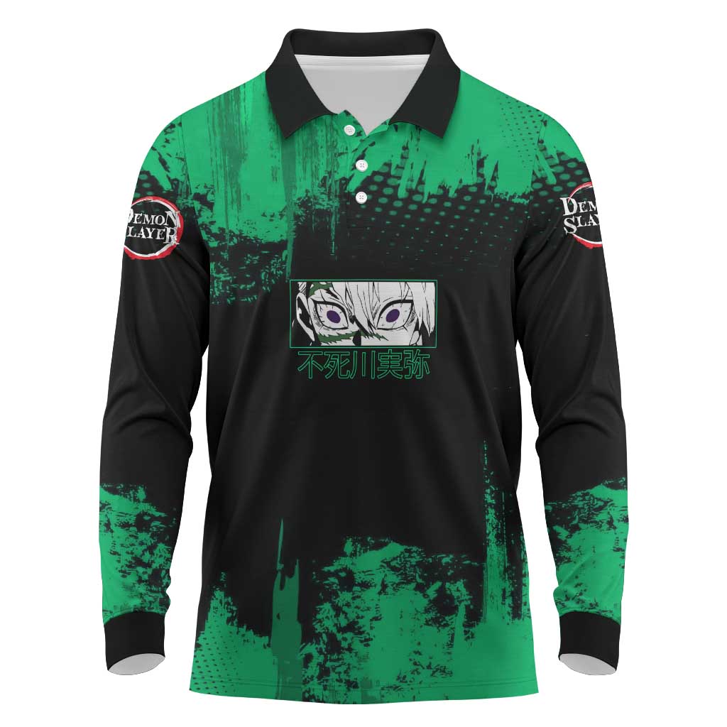Sanemi Shinazugawa Demon Slayer Green and Black Grunge Long Sleeve Polo Shirt Design with Intense Eyes and Wind Hashira Theme - The Mazicc
