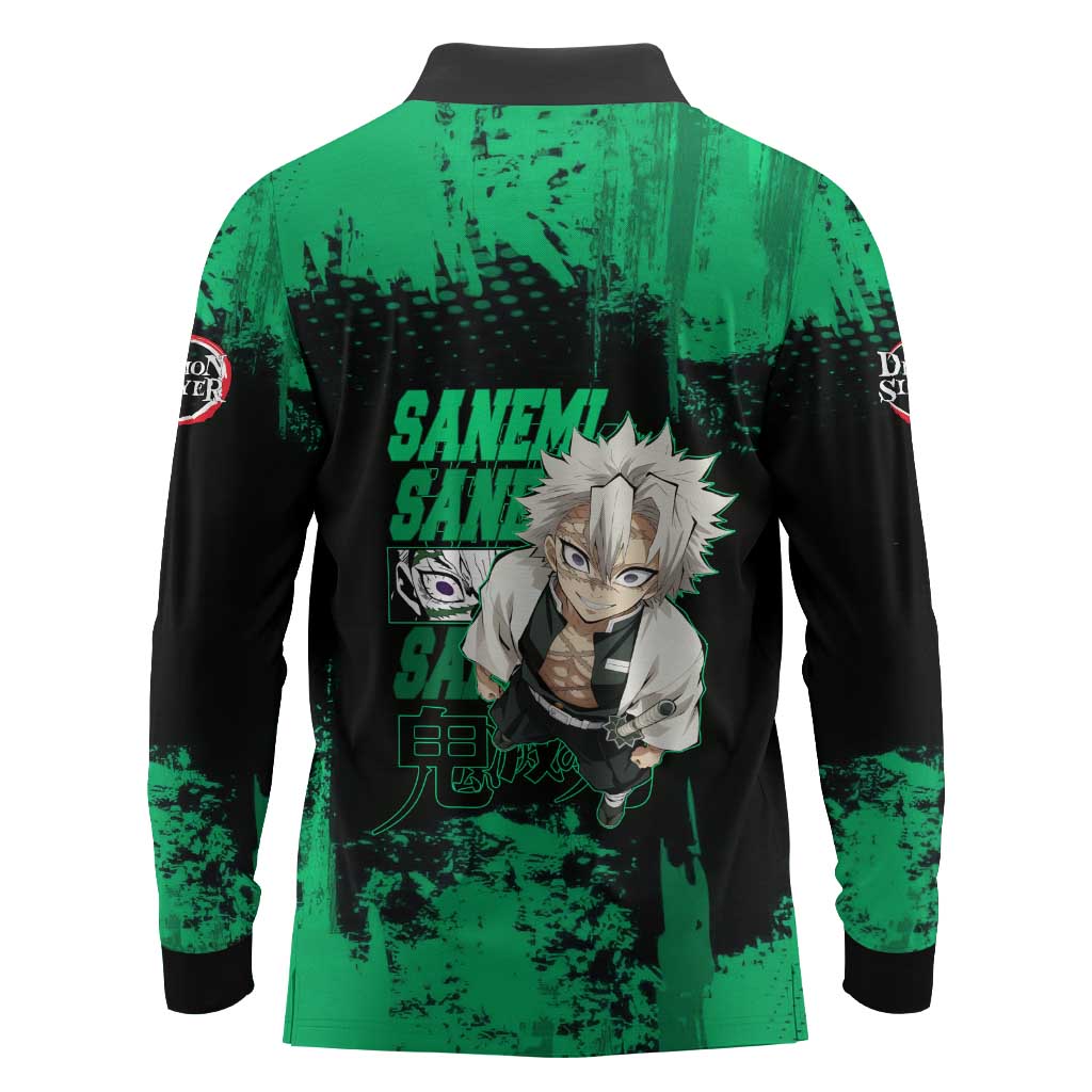 Sanemi Shinazugawa Demon Slayer Green and Black Grunge Long Sleeve Polo Shirt Design with Intense Eyes and Wind Hashira Theme - The Mazicc