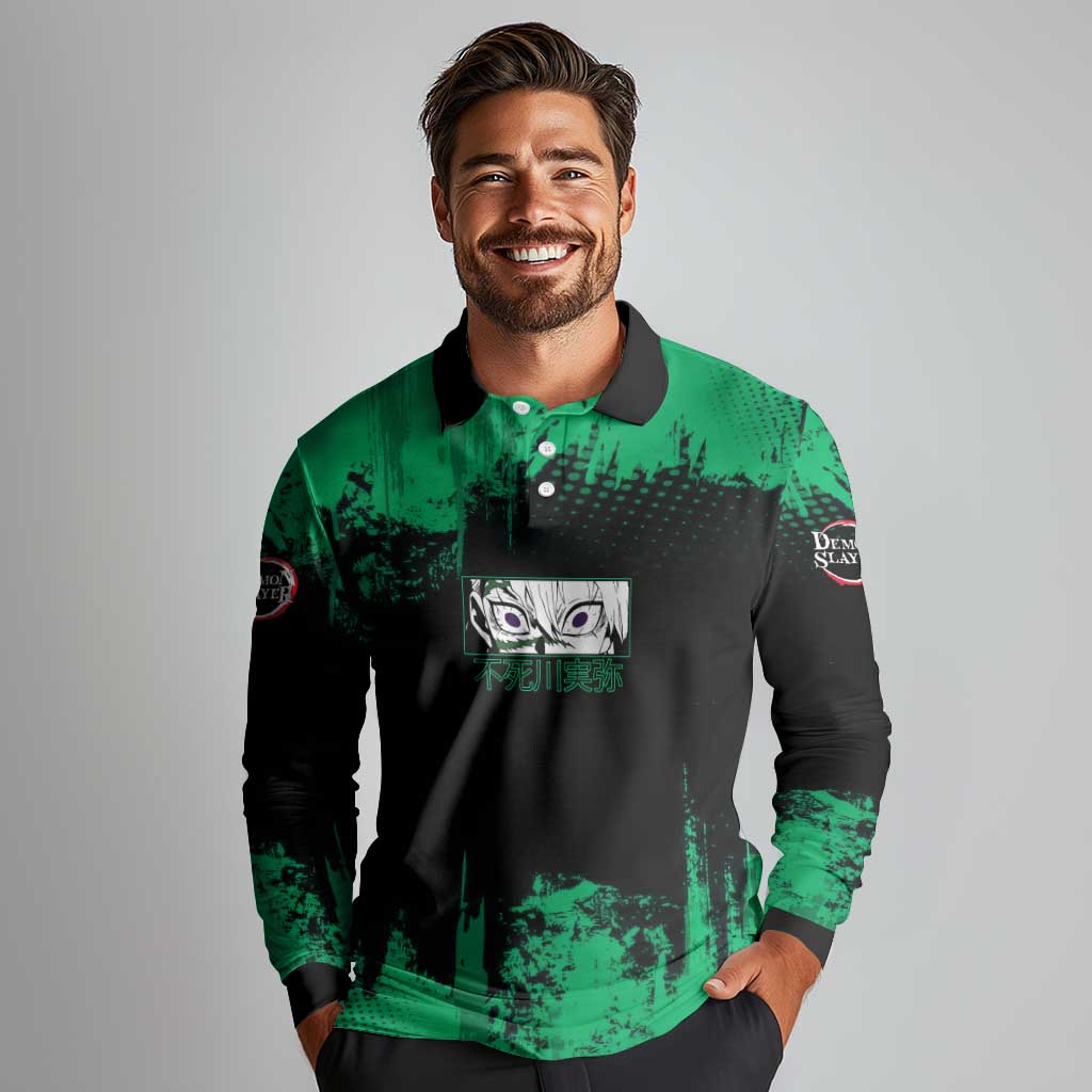 Sanemi Shinazugawa Demon Slayer Green and Black Grunge Long Sleeve Polo Shirt Design with Intense Eyes and Wind Hashira Theme - The Mazicc