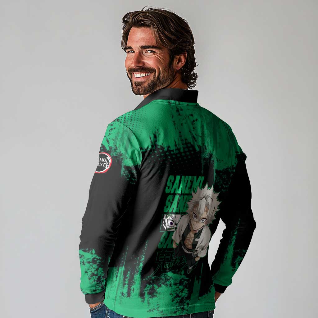 Sanemi Shinazugawa Demon Slayer Green and Black Grunge Long Sleeve Polo Shirt Design with Intense Eyes and Wind Hashira Theme - The Mazicc