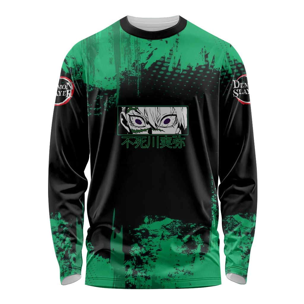 Sanemi Shinazugawa Demon Slayer Green and Black Grunge Long Sleeve Shirt Design with Intense Eyes and Wind Hashira Theme - The Mazicc