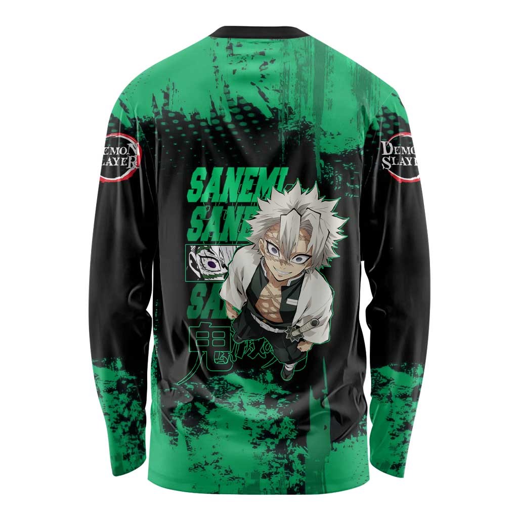 Sanemi Shinazugawa Demon Slayer Green and Black Grunge Long Sleeve Shirt Design with Intense Eyes and Wind Hashira Theme - The Mazicc