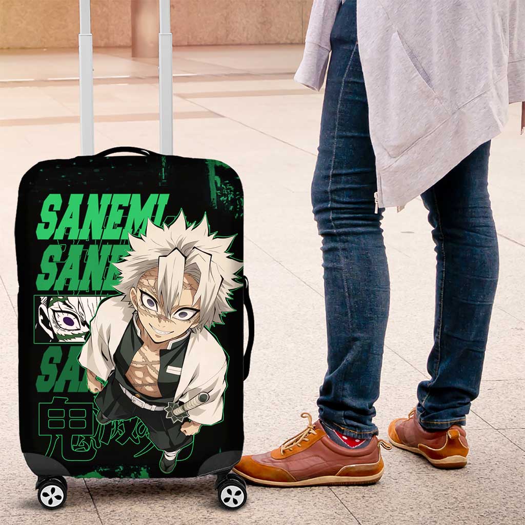 Sanemi Shinazugawa Demon Slayer Green and Black Grunge Luggage Cover Design with Intense Eyes and Wind Hashira Theme - The Mazicc