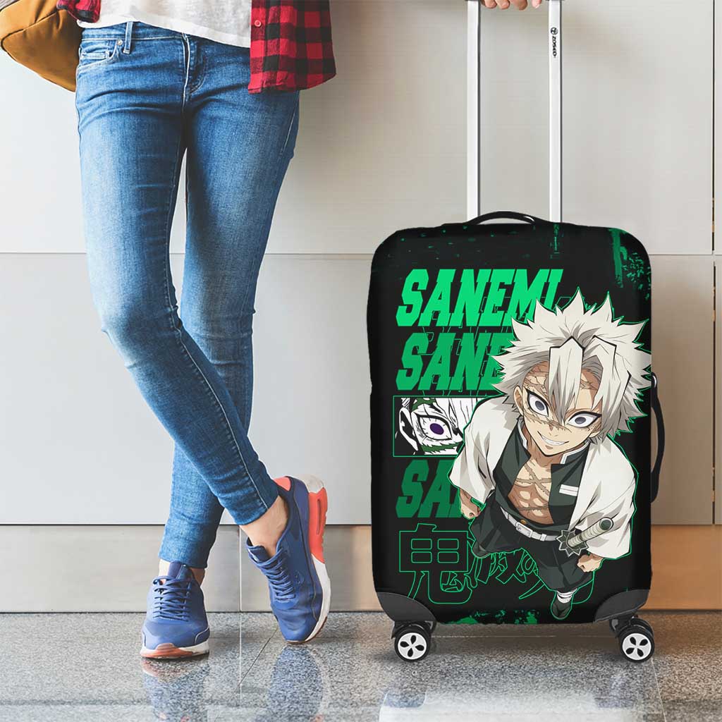 Sanemi Shinazugawa Demon Slayer Green and Black Grunge Luggage Cover Design with Intense Eyes and Wind Hashira Theme - The Mazicc