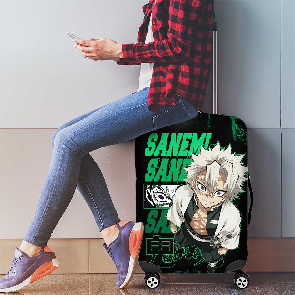 Sanemi Shinazugawa Demon Slayer Green and Black Grunge Luggage Cover Design with Intense Eyes and Wind Hashira Theme - The Mazicc