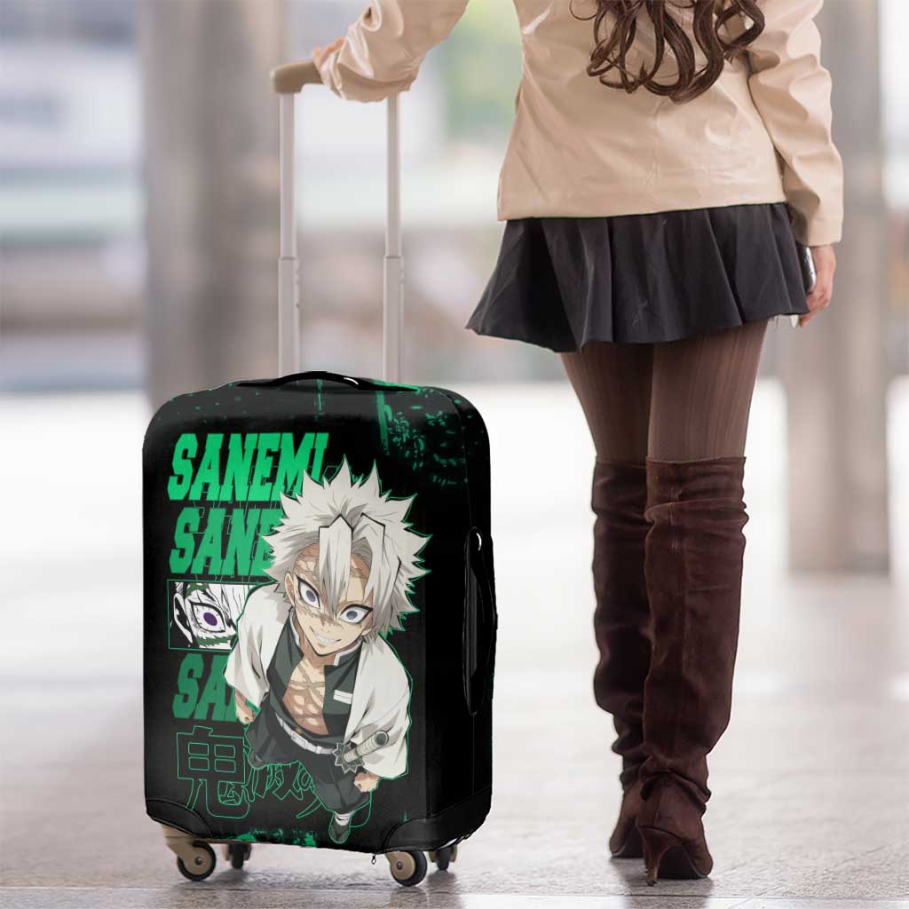 Sanemi Shinazugawa Demon Slayer Green and Black Grunge Luggage Cover Design with Intense Eyes and Wind Hashira Theme - The Mazicc