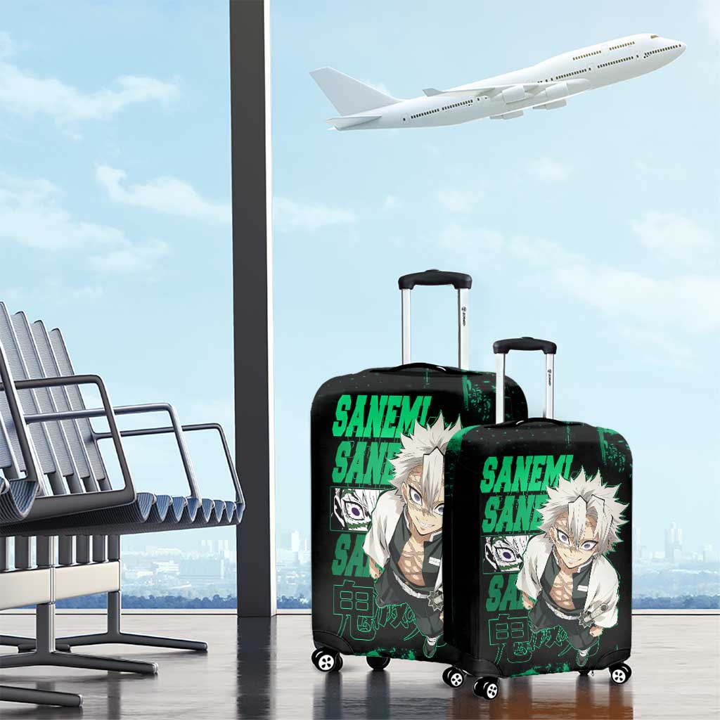 Sanemi Shinazugawa Demon Slayer Green and Black Grunge Luggage Cover Design with Intense Eyes and Wind Hashira Theme - The Mazicc
