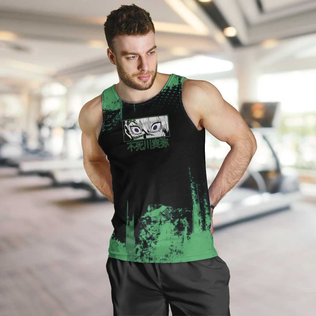 Sanemi Shinazugawa Demon Slayer Green and Black Grunge Men Tank Top Design with Intense Eyes and Wind Hashira Theme - The Mazicc