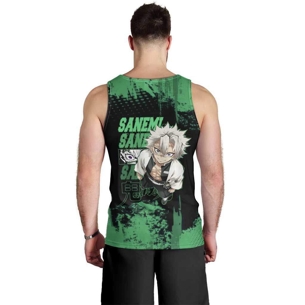 Sanemi Shinazugawa Demon Slayer Green and Black Grunge Men Tank Top Design with Intense Eyes and Wind Hashira Theme - The Mazicc
