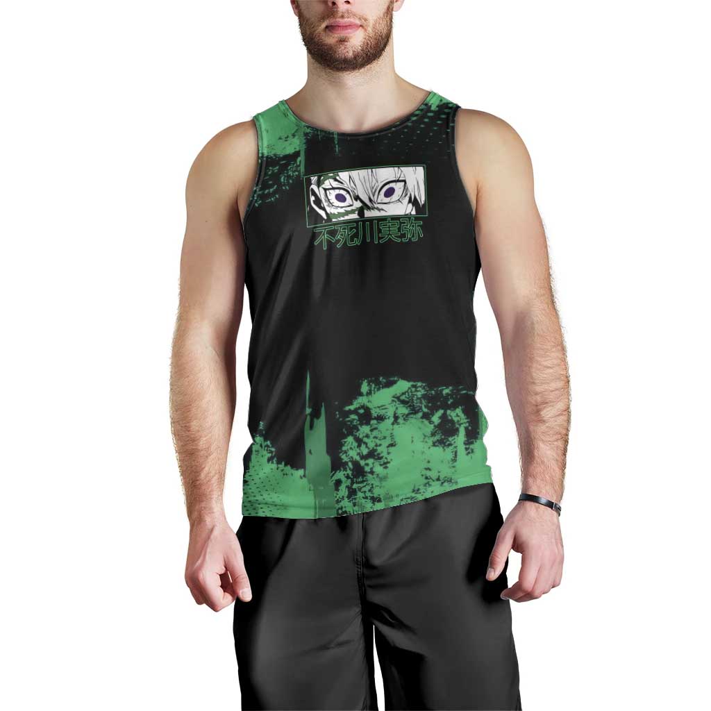 Sanemi Shinazugawa Demon Slayer Green and Black Grunge Men Tank Top Design with Intense Eyes and Wind Hashira Theme - The Mazicc