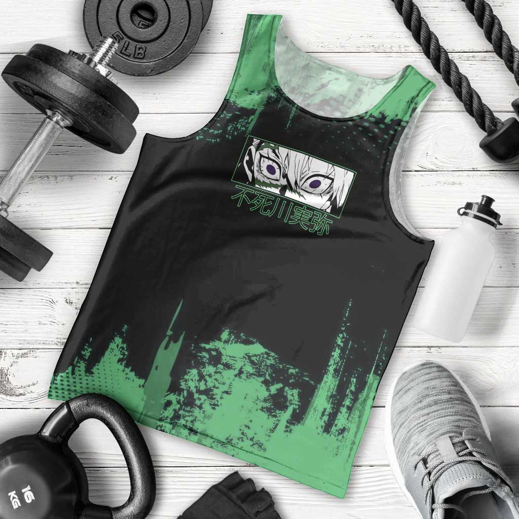 Sanemi Shinazugawa Demon Slayer Green and Black Grunge Men Tank Top Design with Intense Eyes and Wind Hashira Theme - The Mazicc