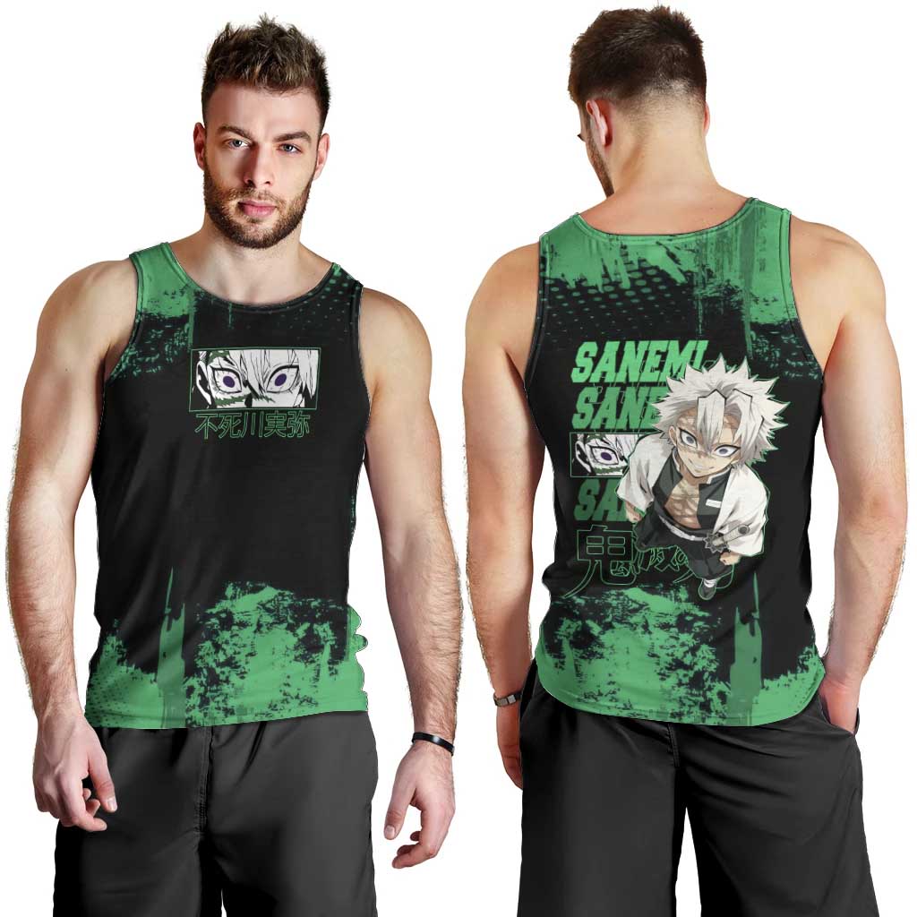 Sanemi Shinazugawa Demon Slayer Green and Black Grunge Men Tank Top Design with Intense Eyes and Wind Hashira Theme - The Mazicc