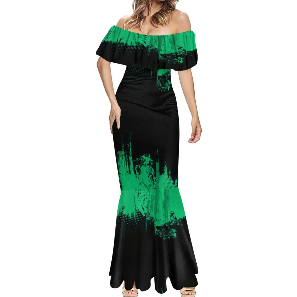 Sanemi Shinazugawa Demon Slayer Green and Black Grunge Mermaid Dress Design with Intense Eyes and Wind Hashira Theme - The Mazicc