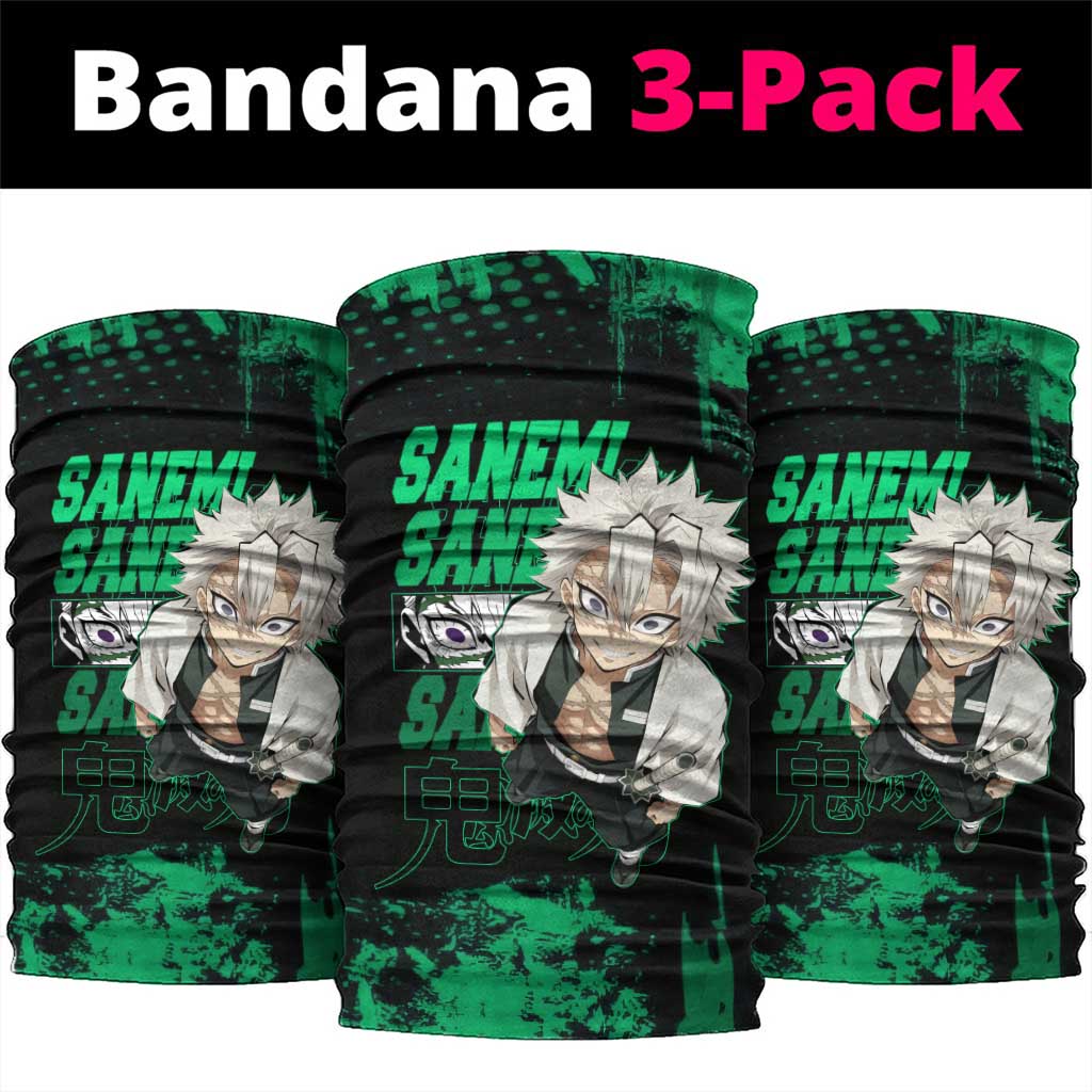 Sanemi Shinazugawa Demon Slayer Green and Black Grunge Neck Gaiter Design with Intense Eyes and Wind Hashira Theme - The Mazicc