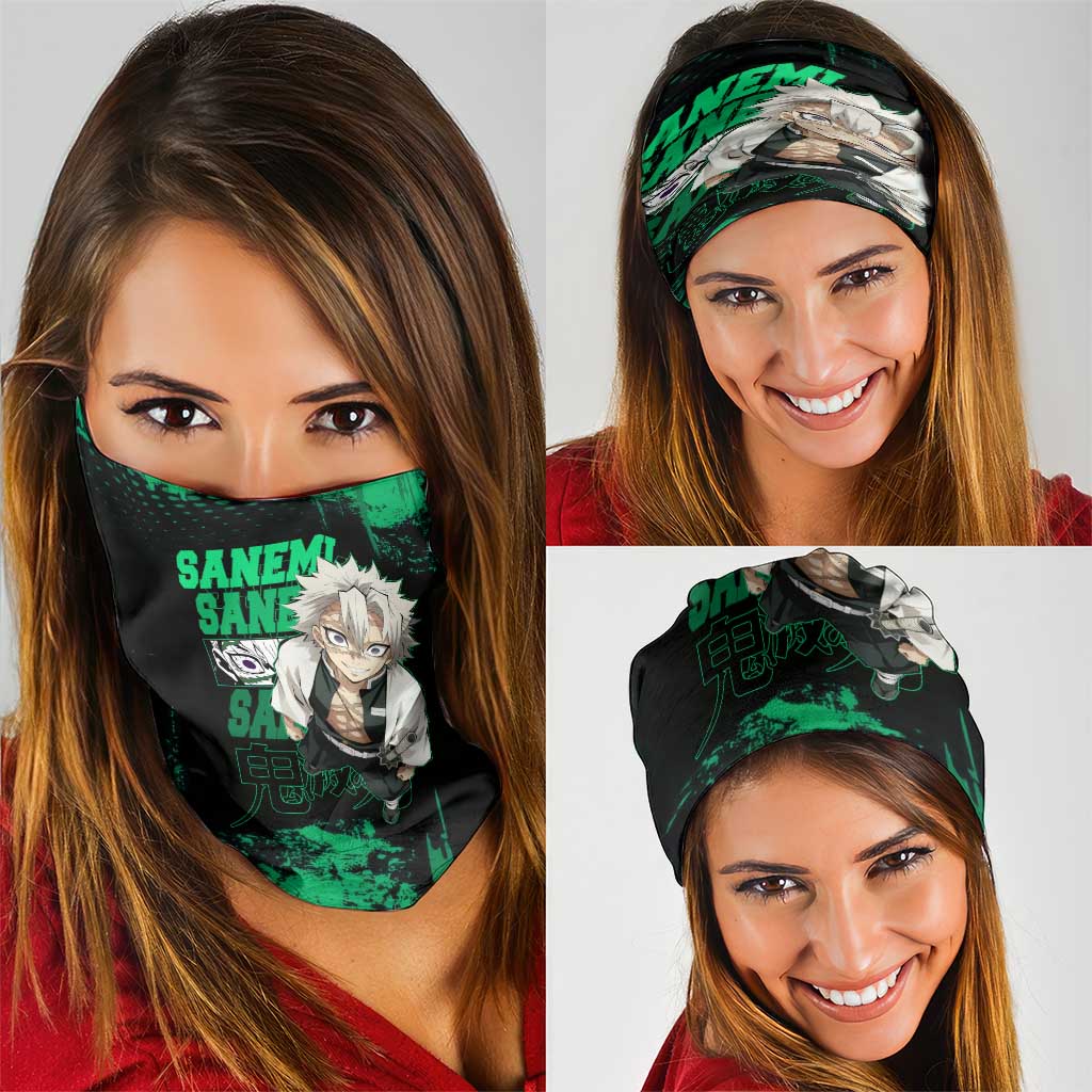 Sanemi Shinazugawa Demon Slayer Green and Black Grunge Neck Gaiter Design with Intense Eyes and Wind Hashira Theme - The Mazicc