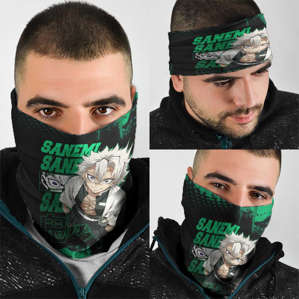 Sanemi Shinazugawa Demon Slayer Green and Black Grunge Neck Gaiter Design with Intense Eyes and Wind Hashira Theme - The Mazicc