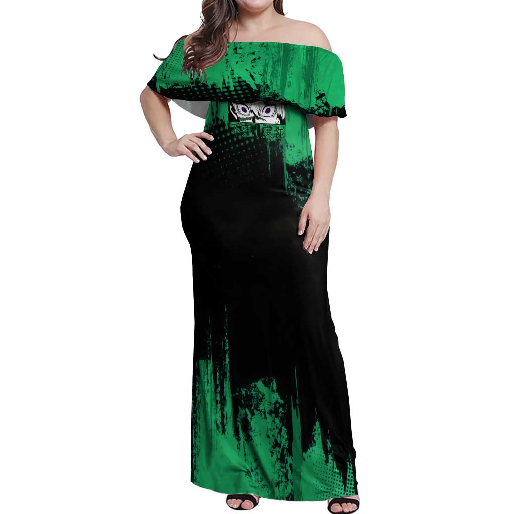 Sanemi Shinazugawa Demon Slayer Green and Black Grunge Off Shoulder Maxi Dress Design with Intense Eyes and Wind Hashira Theme - The Mazicc
