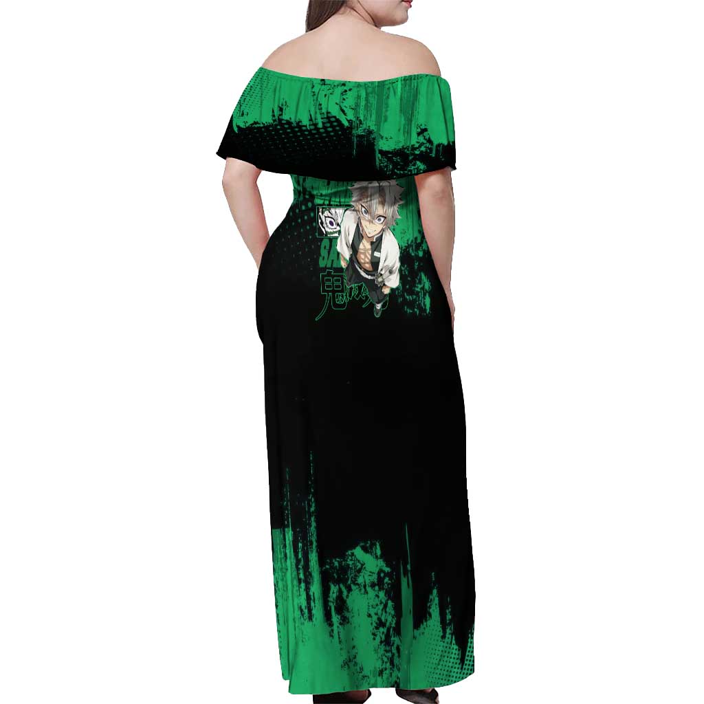 Sanemi Shinazugawa Demon Slayer Green and Black Grunge Off Shoulder Maxi Dress Design with Intense Eyes and Wind Hashira Theme - The Mazicc