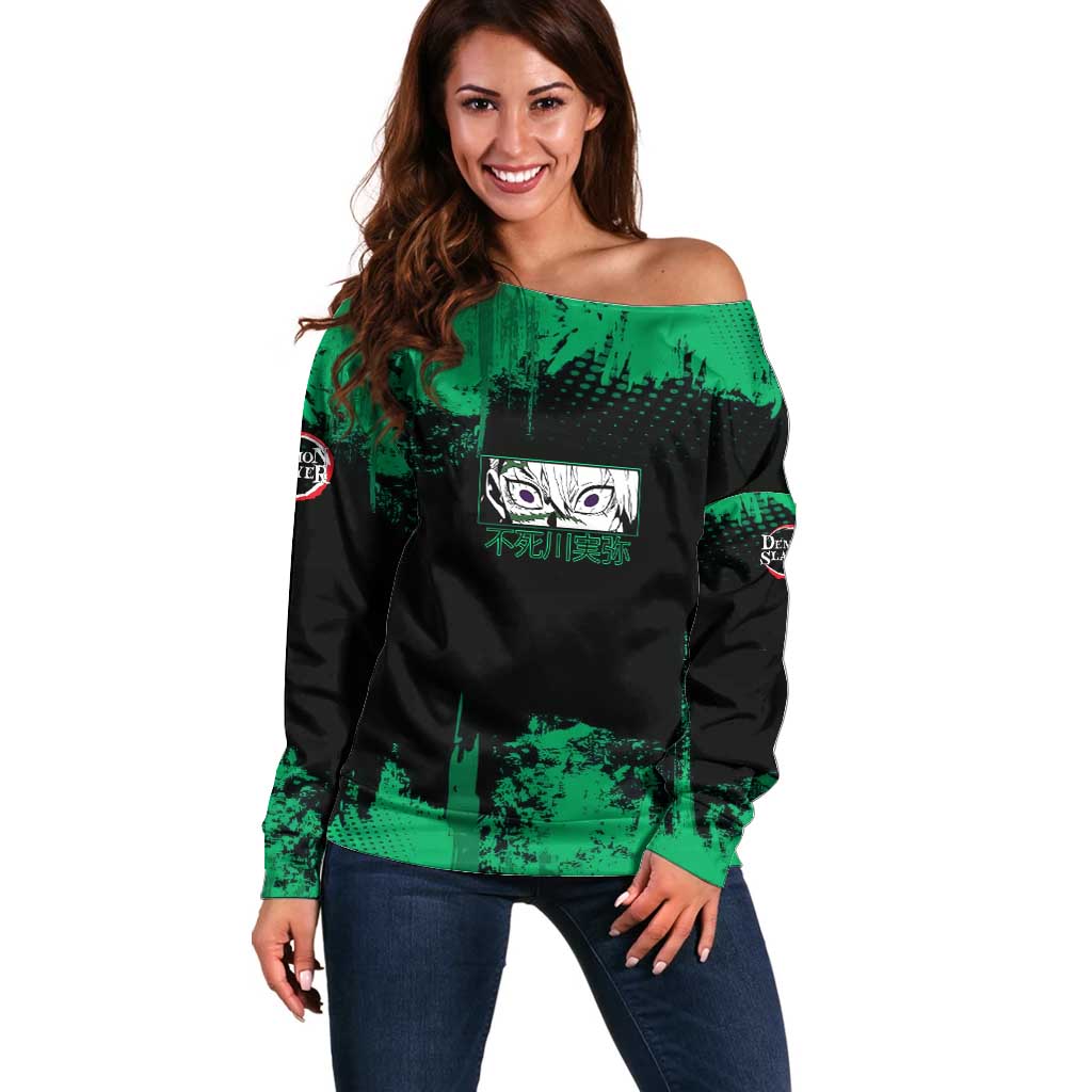 Sanemi Shinazugawa Demon Slayer Green and Black Grunge Off Shoulder Sweater Design with Intense Eyes and Wind Hashira Theme - The Mazicc