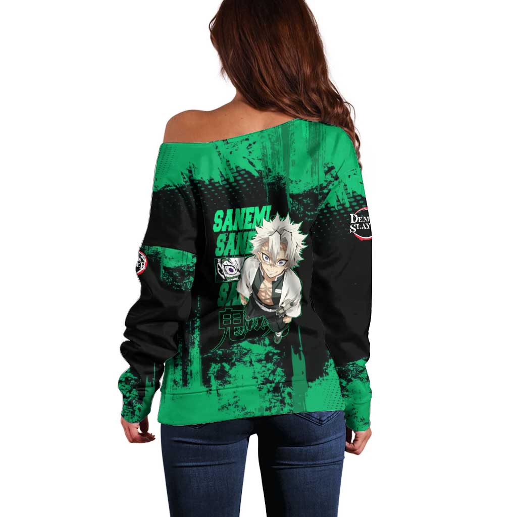 Sanemi Shinazugawa Demon Slayer Green and Black Grunge Off Shoulder Sweater Design with Intense Eyes and Wind Hashira Theme - The Mazicc