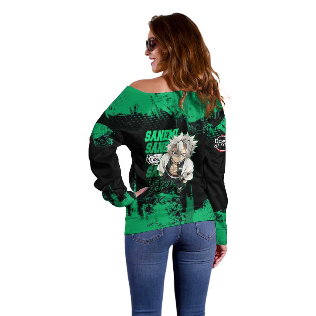 Sanemi Shinazugawa Demon Slayer Green and Black Grunge Off Shoulder Sweater Design with Intense Eyes and Wind Hashira Theme - The Mazicc