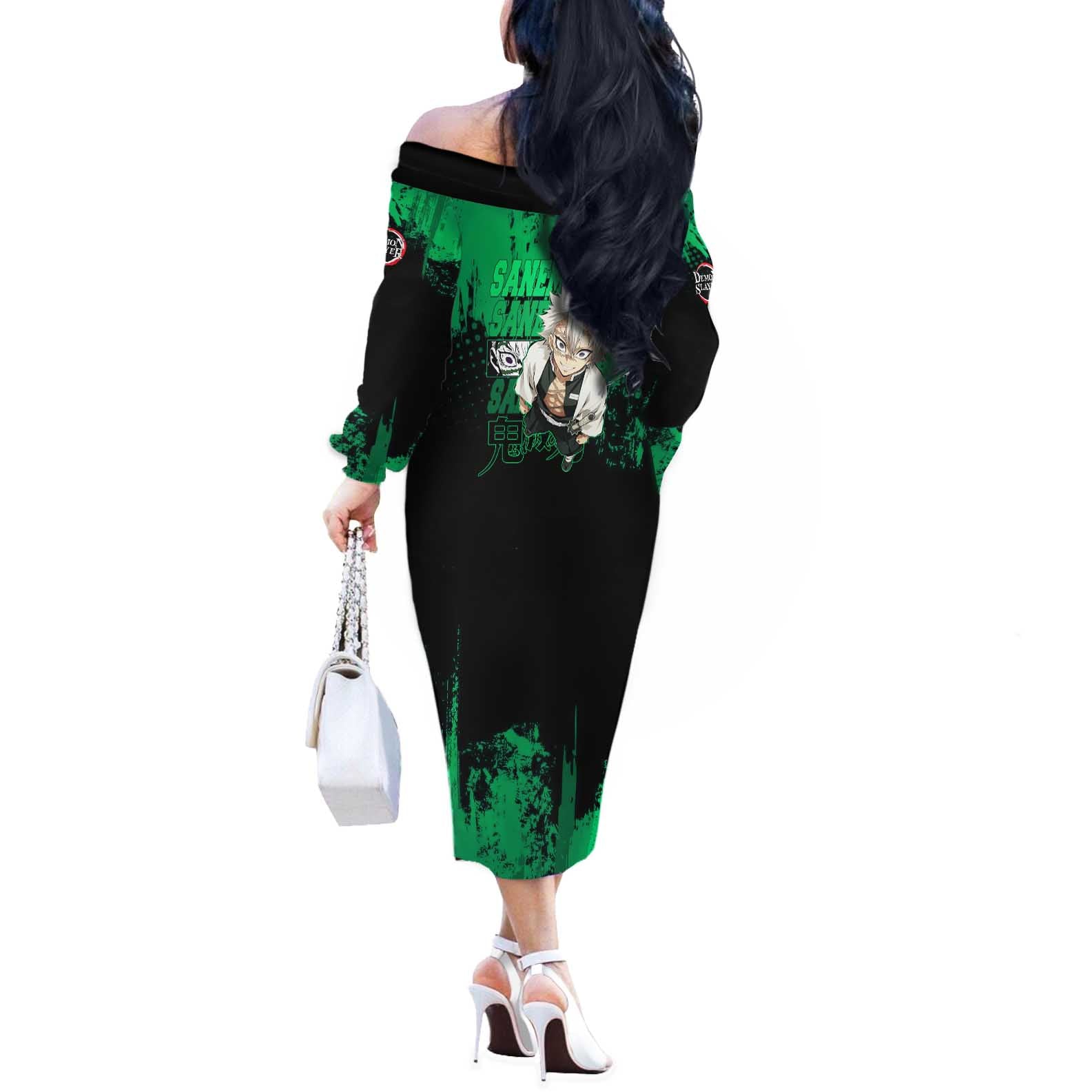 Sanemi Shinazugawa Demon Slayer Green and Black Grunge Off The Shoulder Long Sleeve Dress Design with Intense Eyes and Wind Hashira Theme - The Mazicc