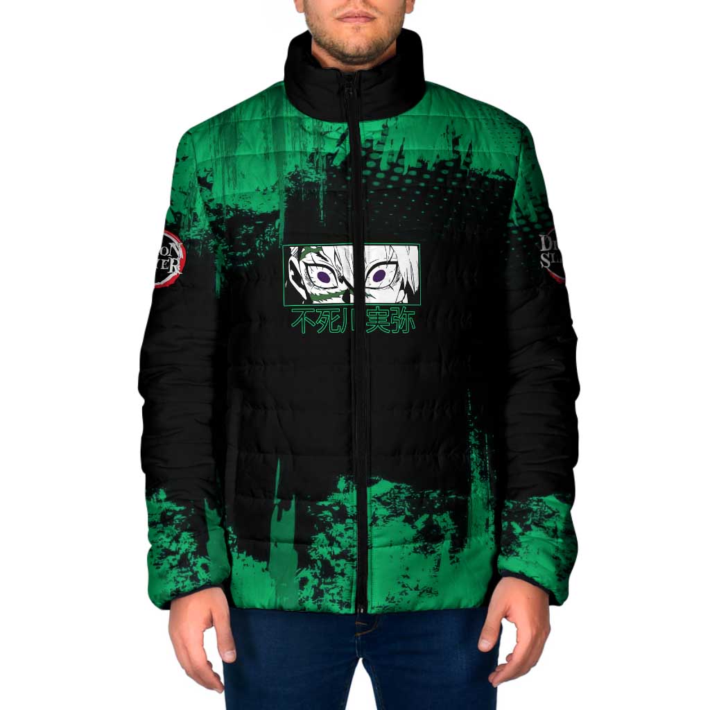 Sanemi Shinazugawa Demon Slayer Green and Black Grunge Padded Jacket Design with Intense Eyes and Wind Hashira Theme - The Mazicc