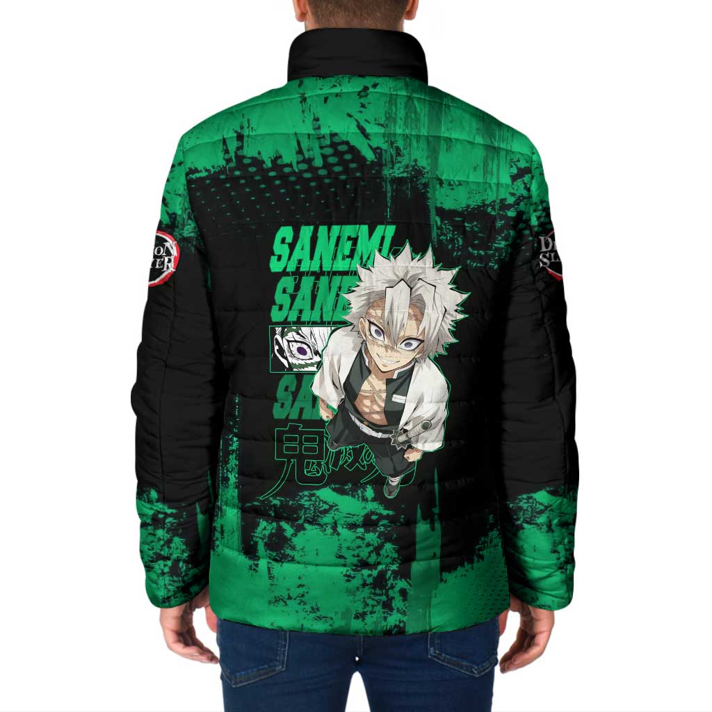 Sanemi Shinazugawa Demon Slayer Green and Black Grunge Padded Jacket Design with Intense Eyes and Wind Hashira Theme - The Mazicc