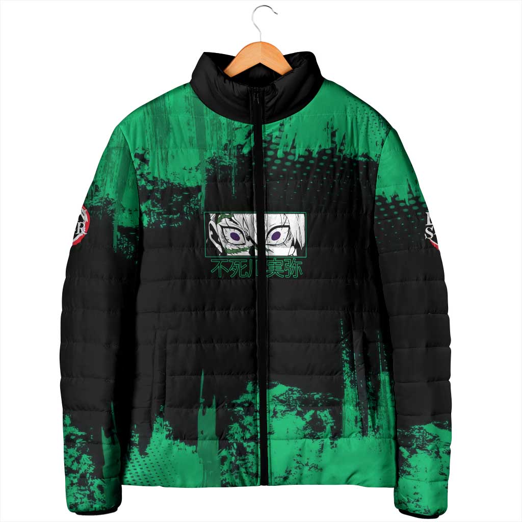 Sanemi Shinazugawa Demon Slayer Green and Black Grunge Padded Jacket Design with Intense Eyes and Wind Hashira Theme - The Mazicc
