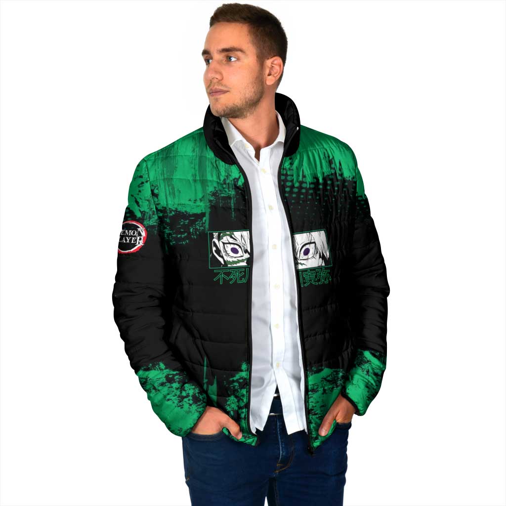 Sanemi Shinazugawa Demon Slayer Green and Black Grunge Padded Jacket Design with Intense Eyes and Wind Hashira Theme - The Mazicc