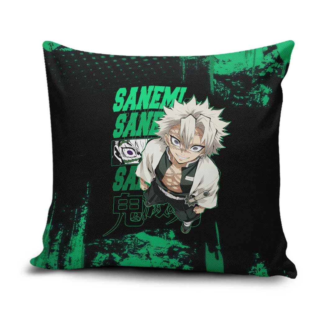 Sanemi Shinazugawa Demon Slayer Green and Black Grunge Pillow Cover Design with Intense Eyes and Wind Hashira Theme - The Mazicc