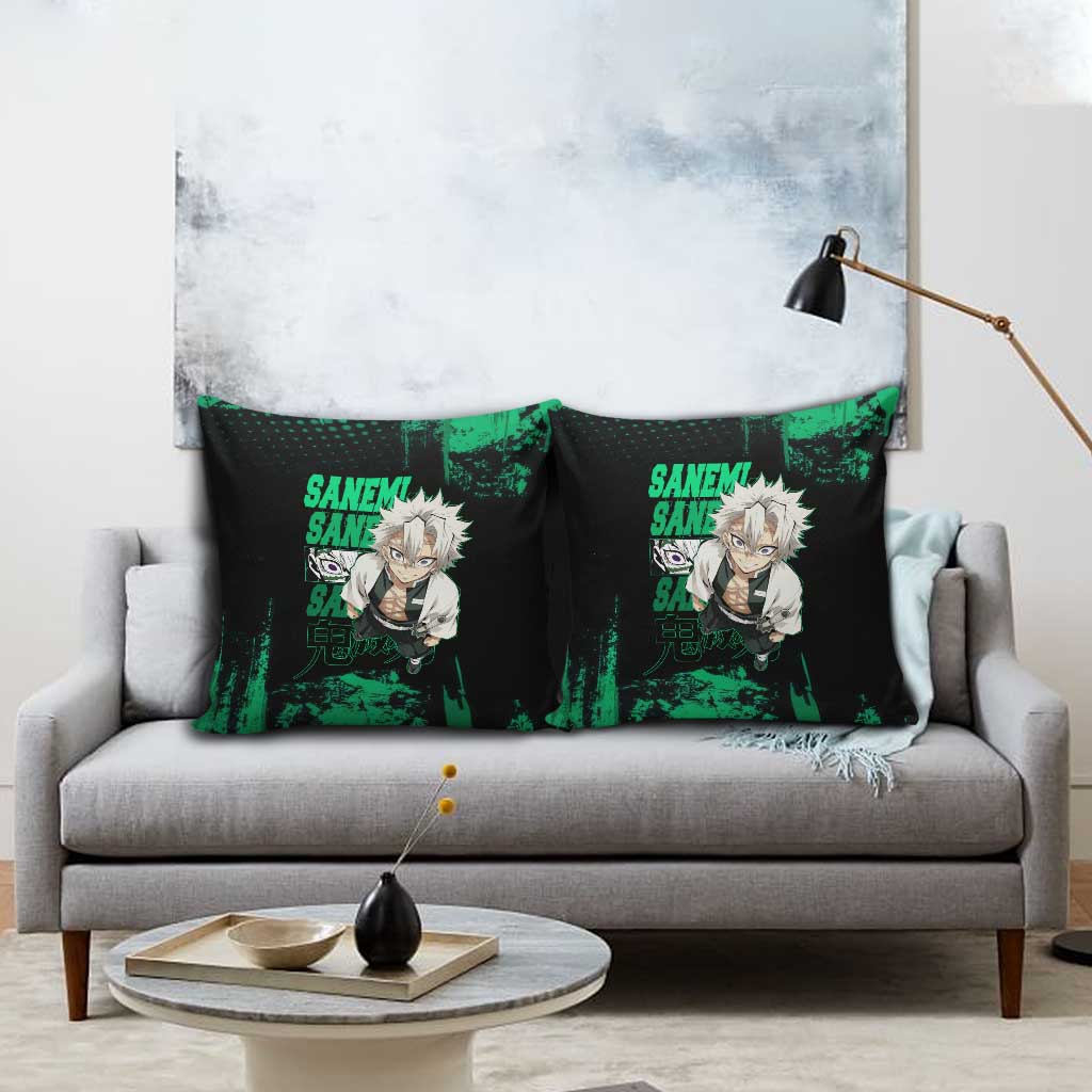 Sanemi Shinazugawa Demon Slayer Green and Black Grunge Pillow Cover Design with Intense Eyes and Wind Hashira Theme - The Mazicc