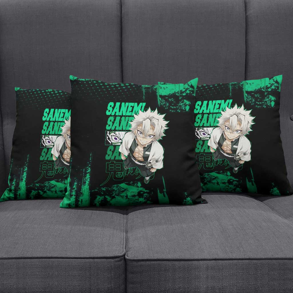 Sanemi Shinazugawa Demon Slayer Green and Black Grunge Pillow Cover Design with Intense Eyes and Wind Hashira Theme - The Mazicc