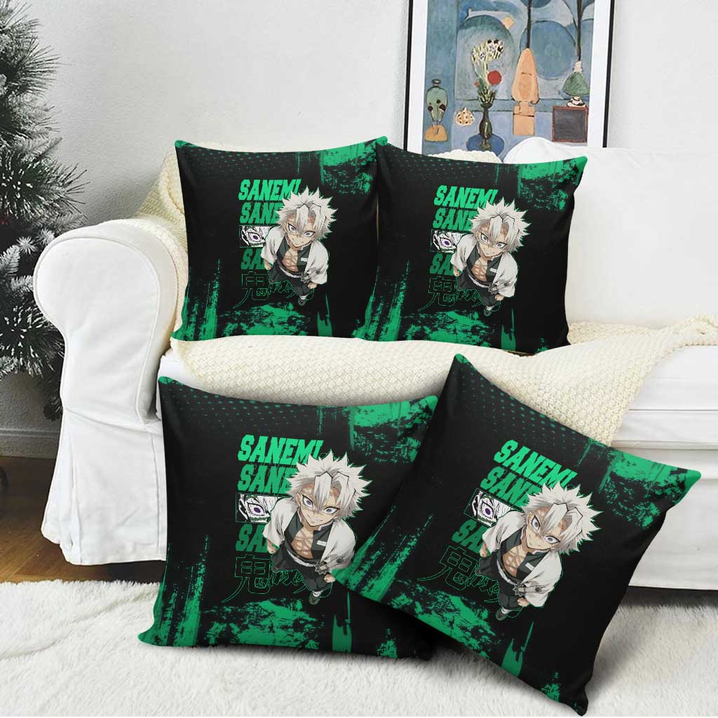 Sanemi Shinazugawa Demon Slayer Green and Black Grunge Pillow Cover Design with Intense Eyes and Wind Hashira Theme - The Mazicc